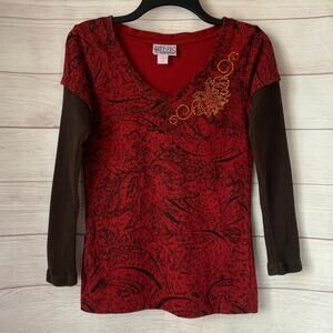 Vintage Pink Cattlelac Red Floral Top Attached Sleeves Gold Studs Size M